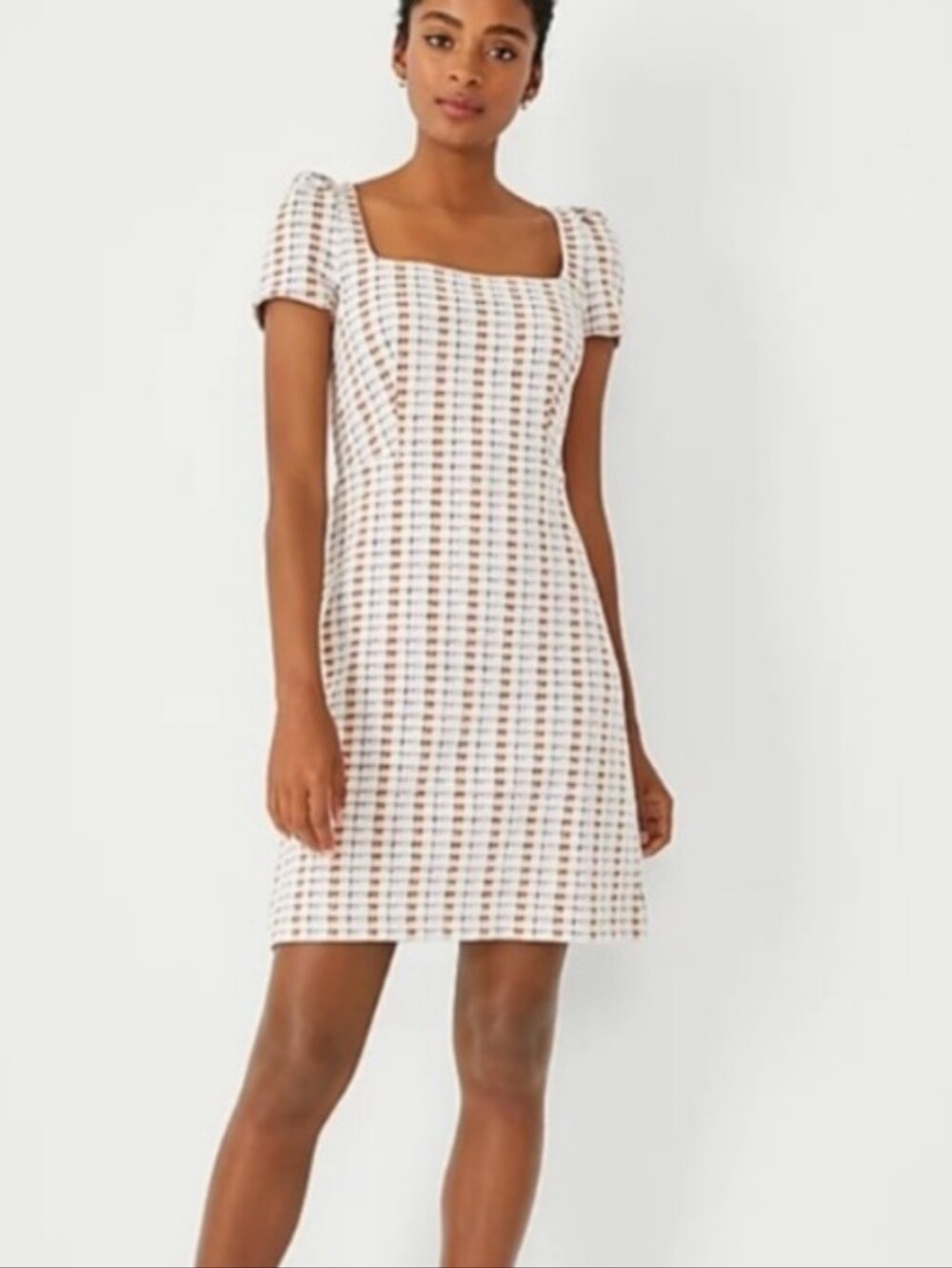 NEW! Ann Taylor Madras Plaid Square-Neck Puff-Sleeve Flare Dress Size 6P